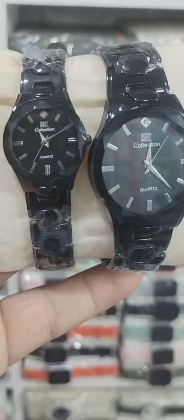 Elegant Couple Watch Set – Luxury Quartz Wristwatches for Him & Her with Dual-Tone Metal Strap - Black